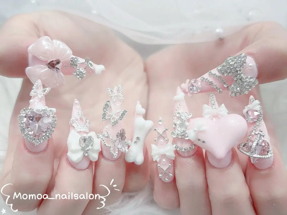 ネイル 成人式 ロングネイル マグネットネイル 大理石ネイル(マーブル) リボン ハンドネイル MoMoA Nail ネイル長さ出し専門店のネイルデザイン