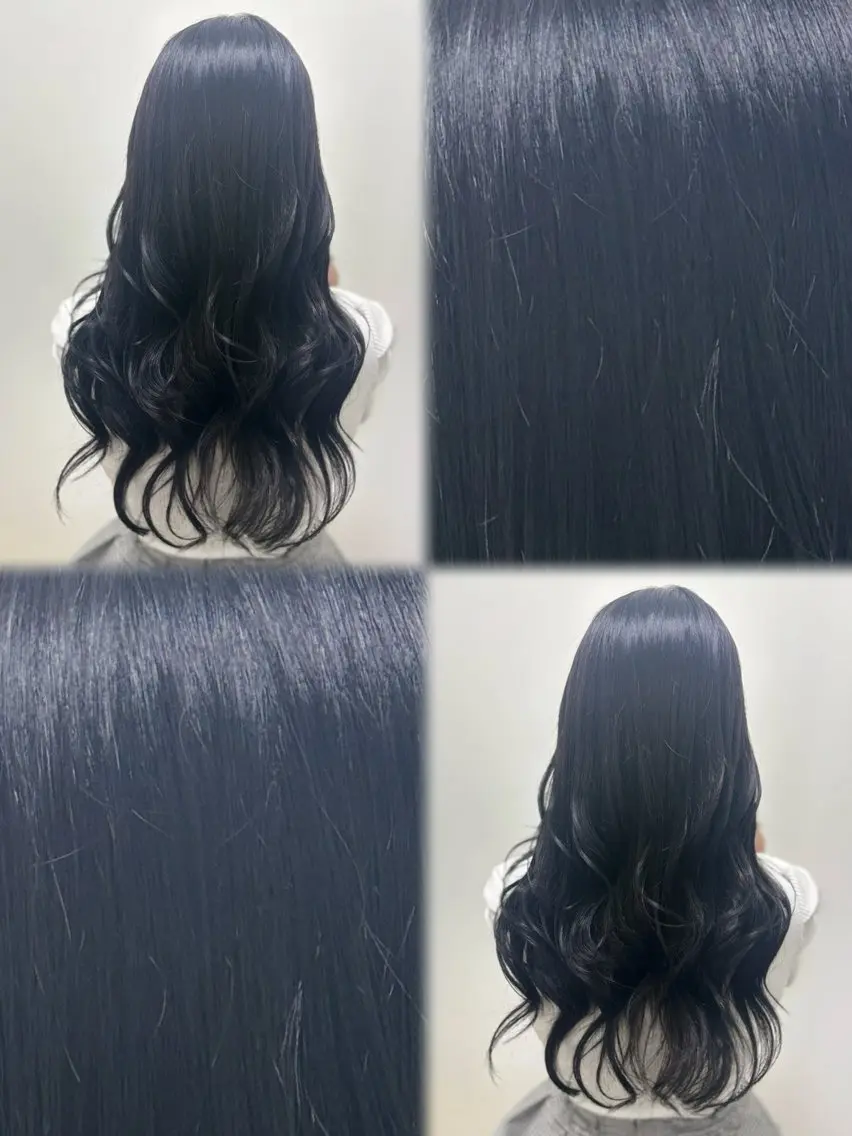 ロング カラー 黒髪 ブルーカラー ブルーブラック 透明感カラー ハイレイヤー 髪質改善🎀暖色 艶カラー🩷きららのヘアスタイル