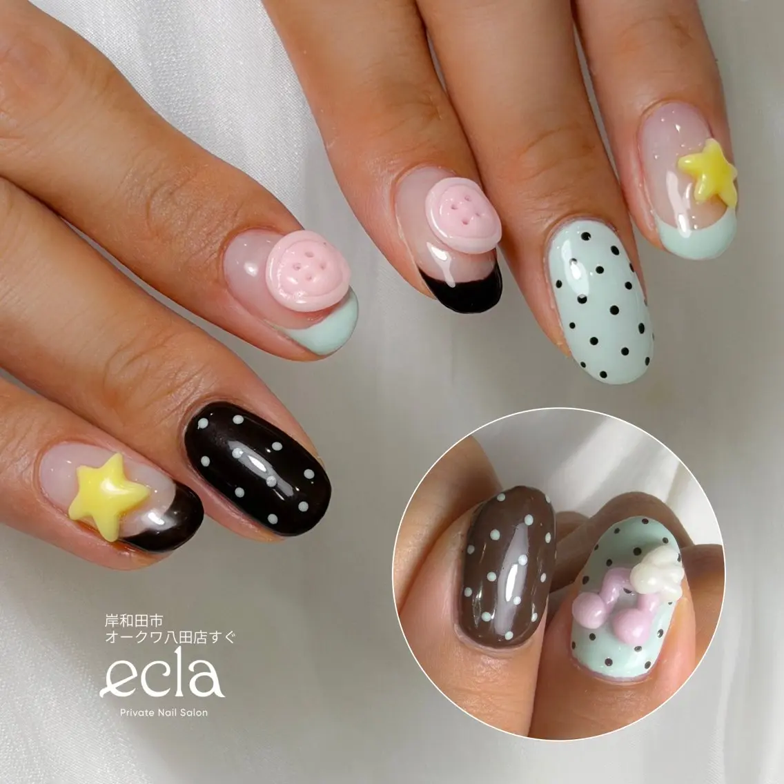ネイル アートネイル ブラウン ドット グリーン 持ち込み Nail Salon ecla 〜エクラ〜のネイルデザイン