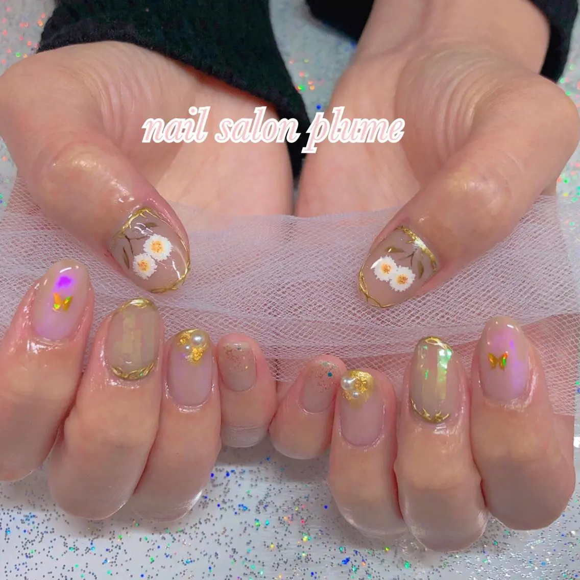 ネイル アートネイル オーロラネイル フラワーネイル ハート キラキラネイル ハンドネイル plume nail ☆韓国ネイルのネイルデザイン