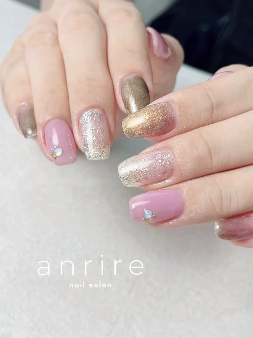 ネイル ブラウン ジェルネイル キラキラネイル ラメ(グリッター) マグネットネイル nailsalon anrireのネイルデザイン