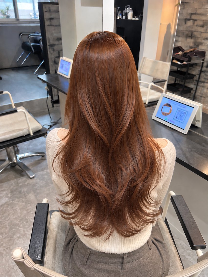 セミロング カラー ヘアアレンジ ブラウンカラー オレンジ オレンジブラウン ヘアカラー トリートメント ヘアセット 髪質改善🫧縮毛矯正 ハイトーン/れんのヘアスタイル
