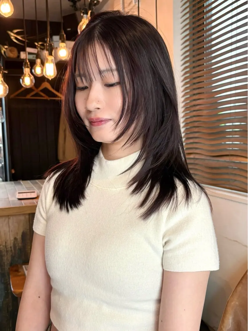 ミディアム カラー パーマ カット ヘアカラー レイヤー/透明感/ ブリーチなし/わかなのヘアスタイル