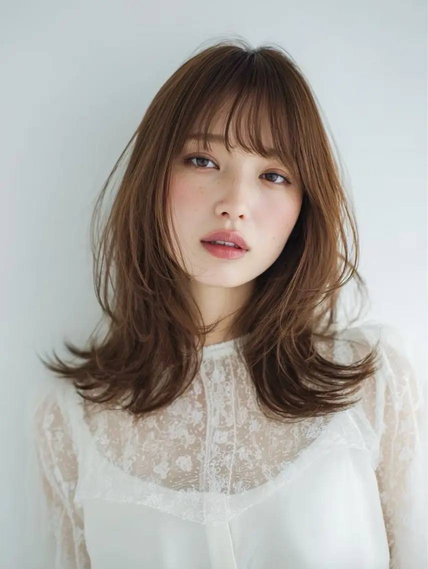 ミディアム レイヤーカット シースルーバング カット ヘアカラー トリートメント Link mili ゆうすけのヘアスタイル