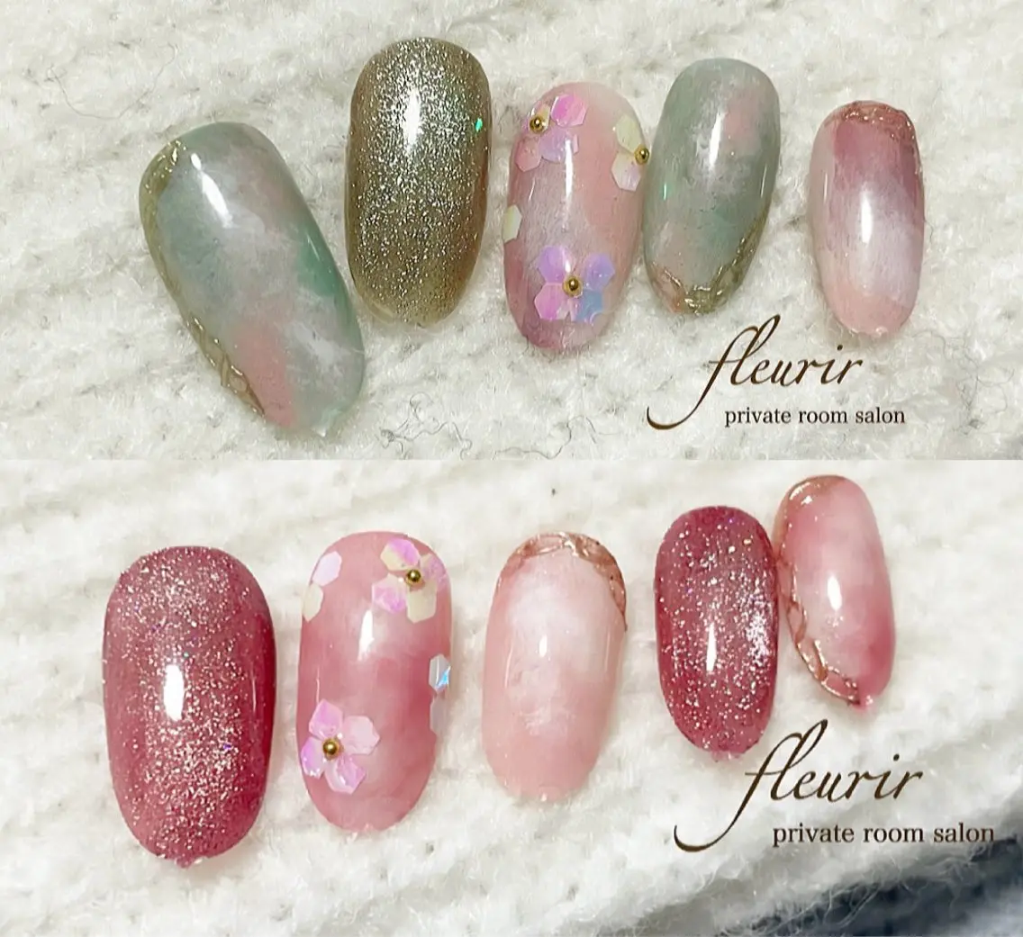 ネイル アートネイル 桜ネイル フラッシュネイル フラッシュマグ フラワーネイル フルリール 【プライベートサロンのネイルデザイン