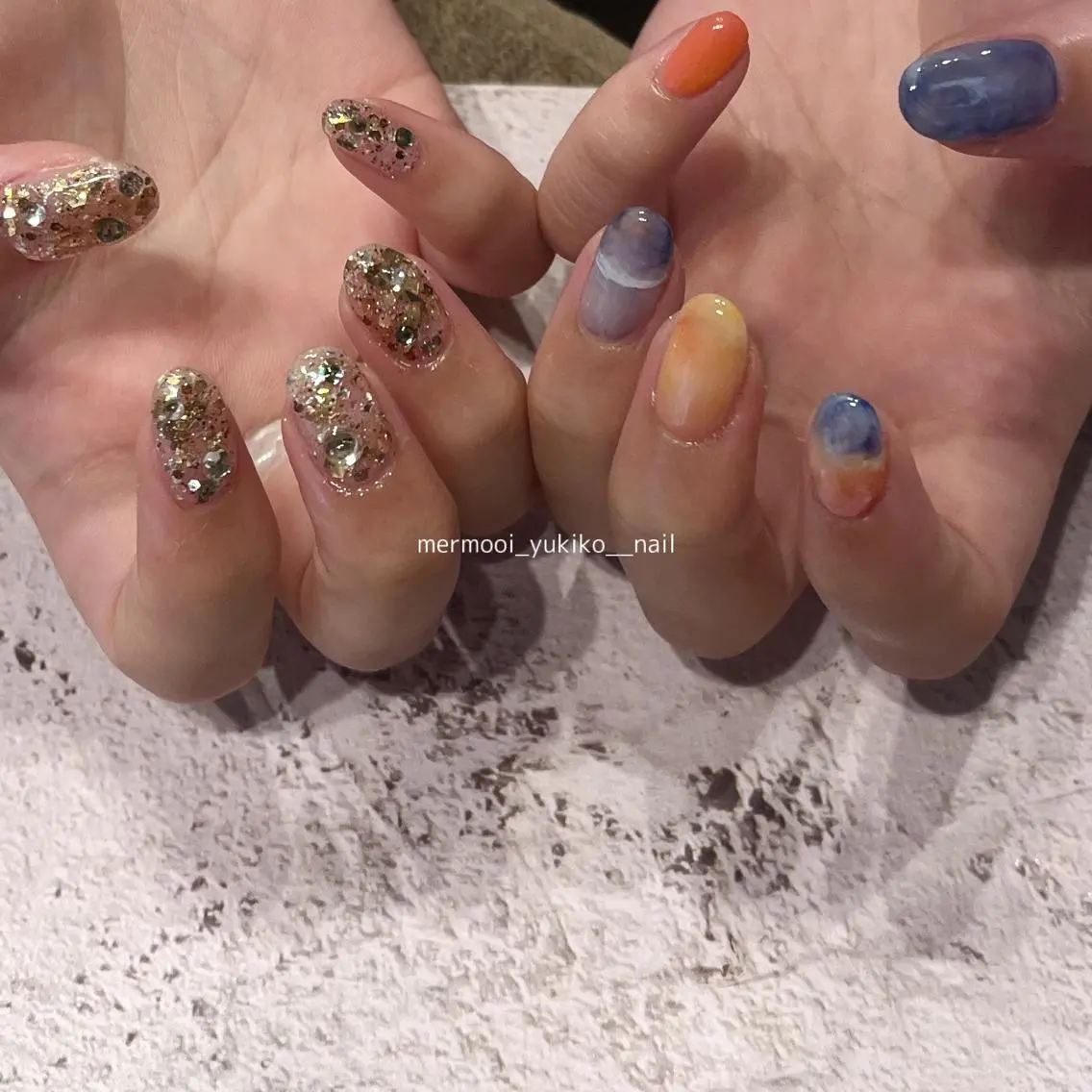 ネイル アートネイル クリアネイル キラキラネイル ラメ(グリッター) 大理石ネイル(マーブル) mermooi nailのネイルデザイン