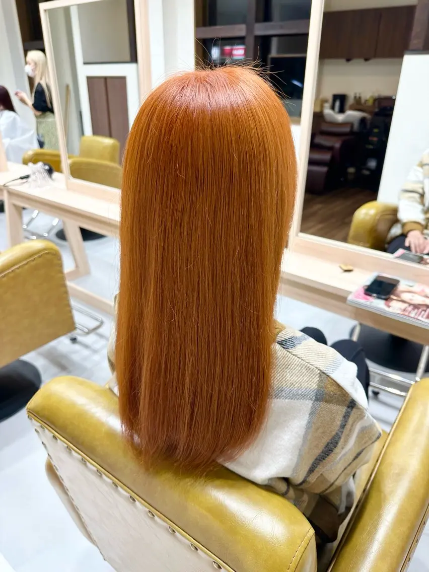 ミディアム カラー ヘアアレンジ ブリーチ ハイトーンカラー オレンジ 境町/透明感カラー/ レイヤー/中茎涼太のヘアスタイル