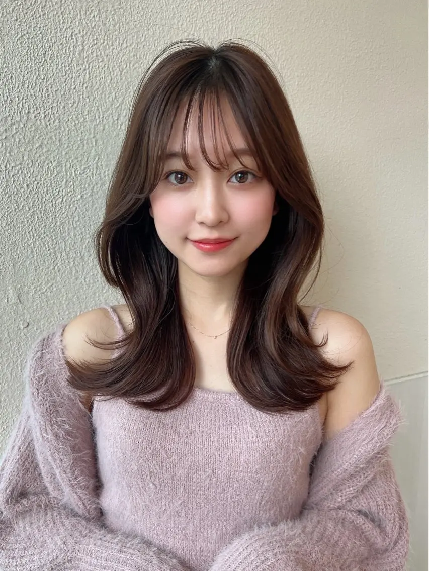 セミロング カラー ヘアアレンジ ブラウンカラー くびれヘア カット ヘアカラー トリートメント RIHO/愛されモテ /透明感カラーのヘアスタイル