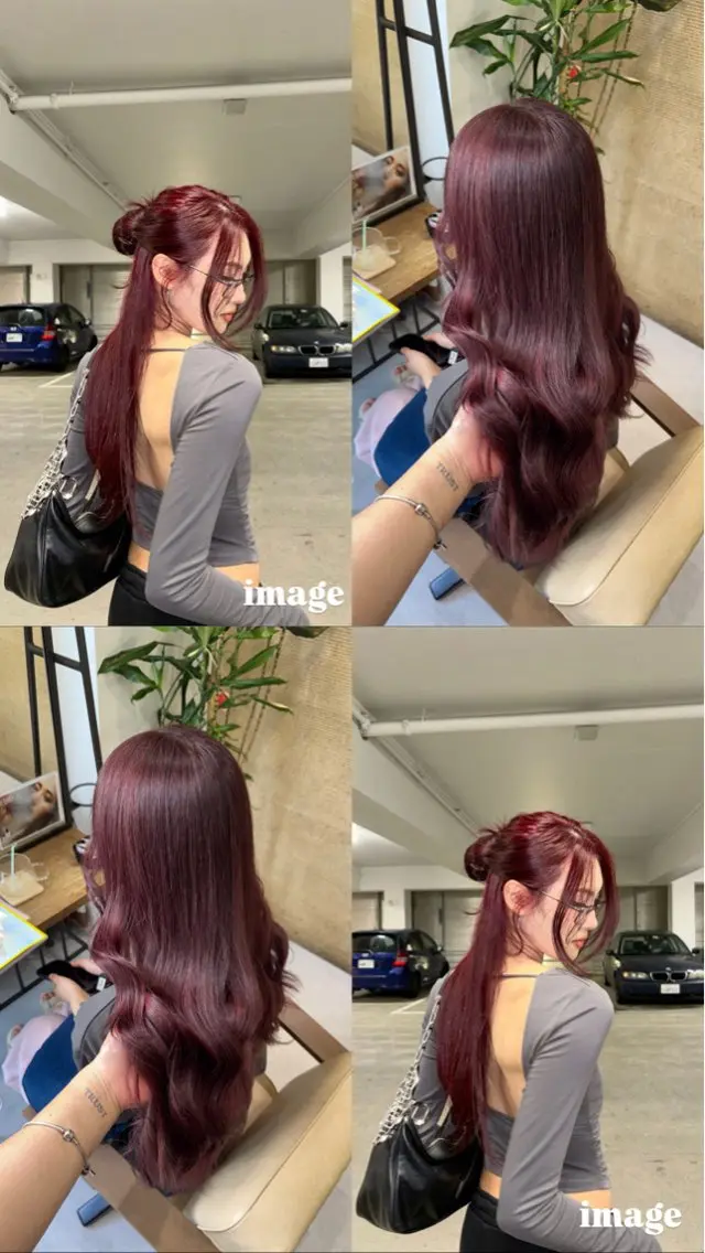 ロング カラー ブリーチ カシス 透明感カラー レッドカラー ブリーチなしwカラー /艶カラー/oukaのヘアスタイル