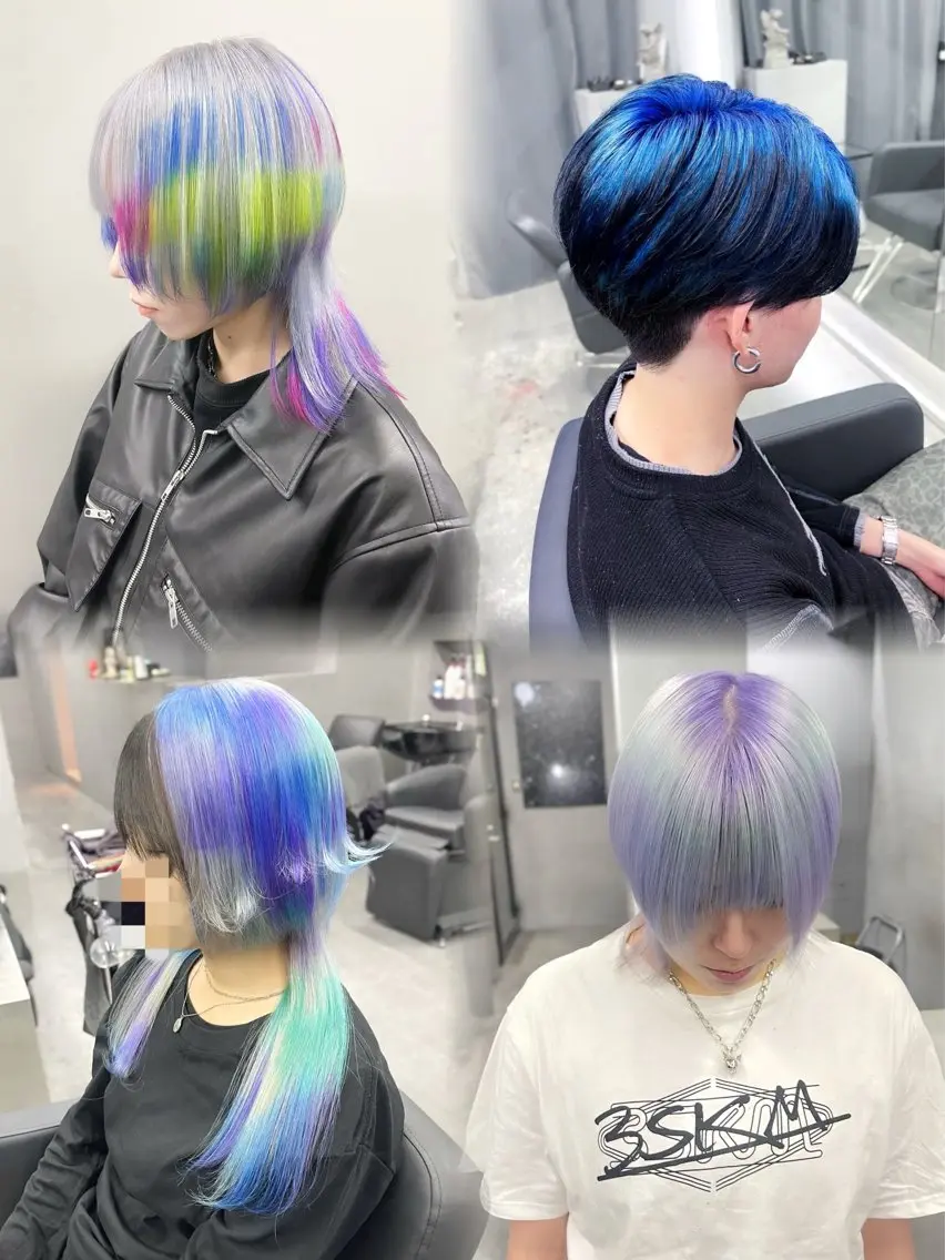 ミディアム カラー カット ヘアカラー 紺エクステ デザインカラーのヘアスタイル