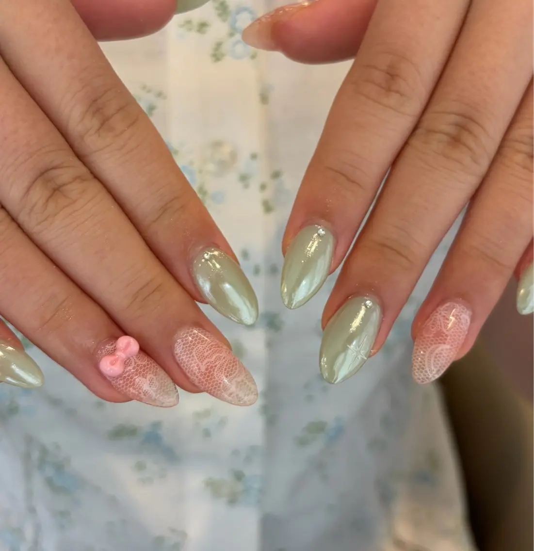 ネイル グリーン レース ハンドネイル MASHU /サヤnail♡のネイルデザイン
