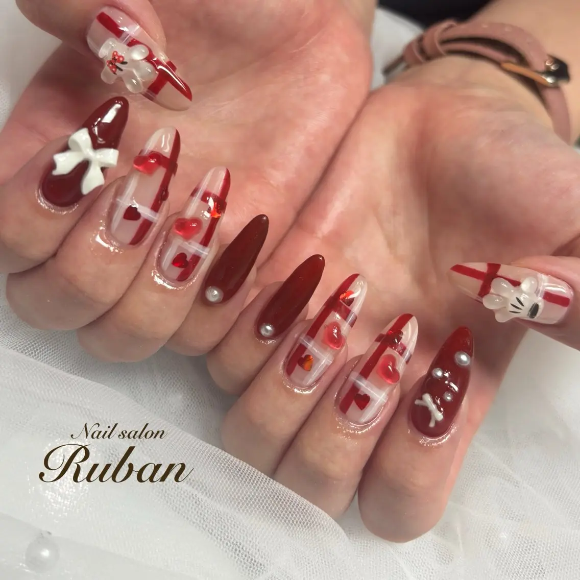 ネイル アートネイル 長さ出し ハート ロングネイル 持ち込み Nail salon Rubanのネイルデザイン
