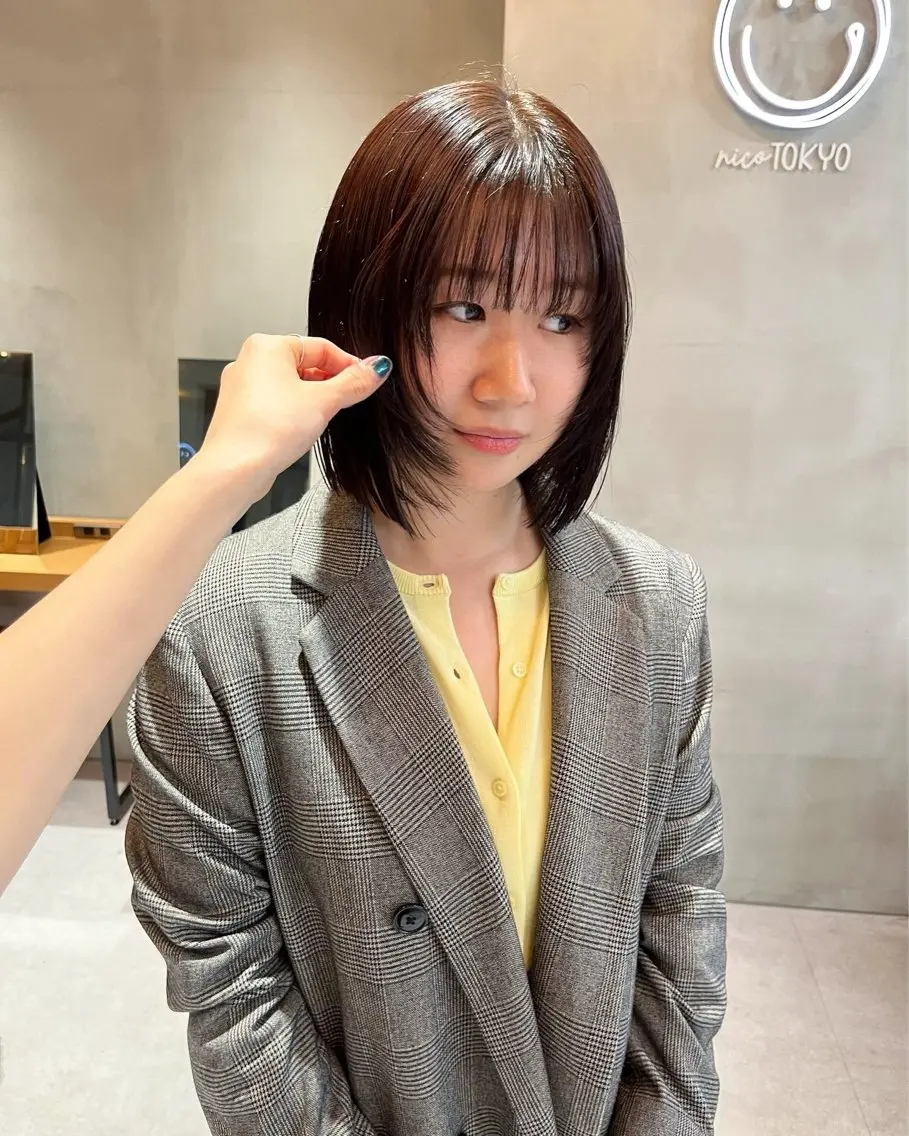 ミディアム カラー カット トリートメント 縮毛矯正ボブ&顔まわ レイヤー♡TOMOEのヘアスタイル