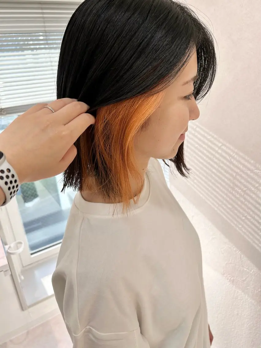ショート カラー インナーカラー オレンジ カット ヘアカラー トリートメント Saori / ボブ /顔周り/カラー🎀のヘアスタイル