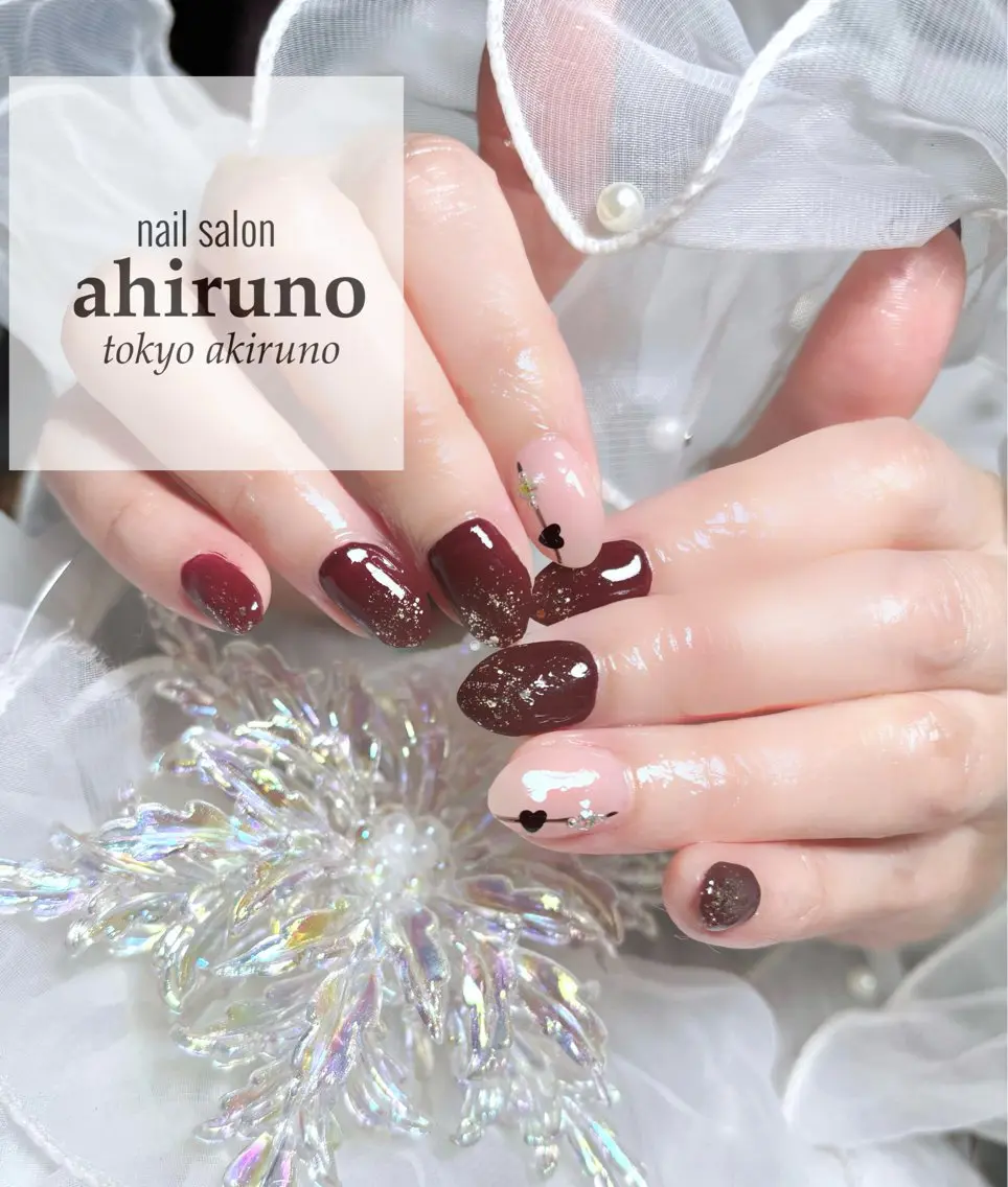 ネイル アートネイル ボルドー ハート 持ち込み 赤色 ハンドネイル 東京あきる野市ネイル ✿ ｙｕiのネイルデザイン