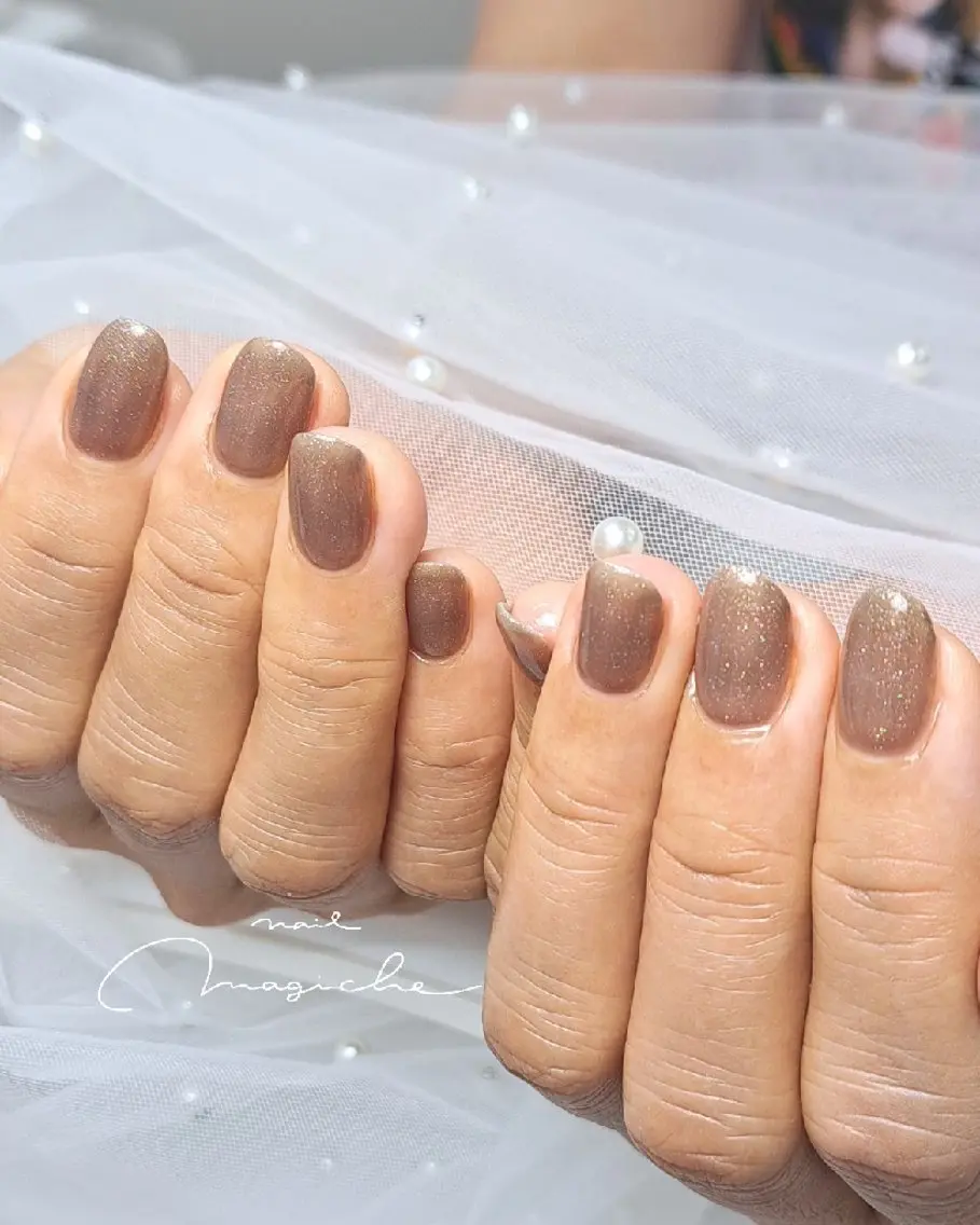 ネイル オーロラネイル ブラウン キラキラネイル ラメ(グリッター) ワンカラーネイル ハンドネイル nail magicheのネイルデザイン