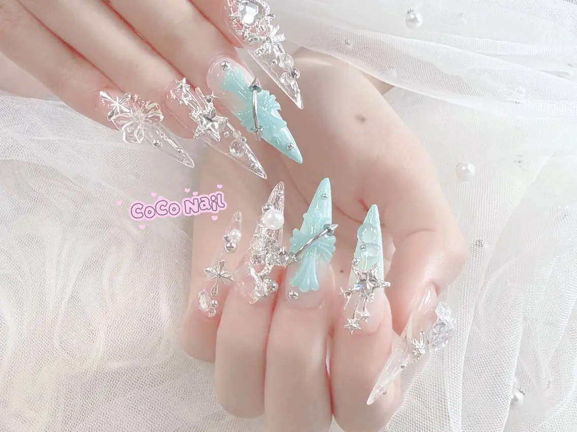 ネイル 成人式 大理石ネイル(マーブル) リボン 夏ネイル ネイルチップ ハンドネイル Mei Salon 長さ出し専門店のネイルデザイン