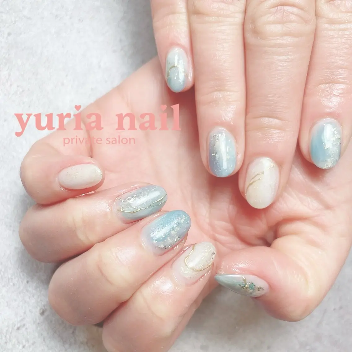 ネイル ブルー ジェルネイル ゴールド グリーン ミラーネイル ハンドネイル 小林 ゆりあのネイルデザイン
