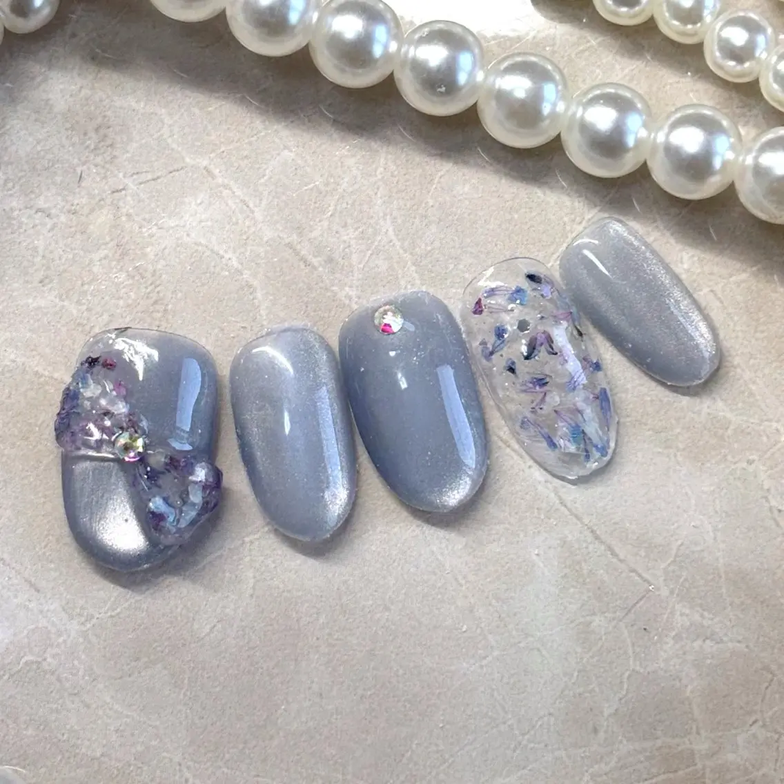ネイル フラワーネイル マグネットネイル リボン ハンドネイル Nail&eye Grow 武蔵藤沢店のネイルデザイン