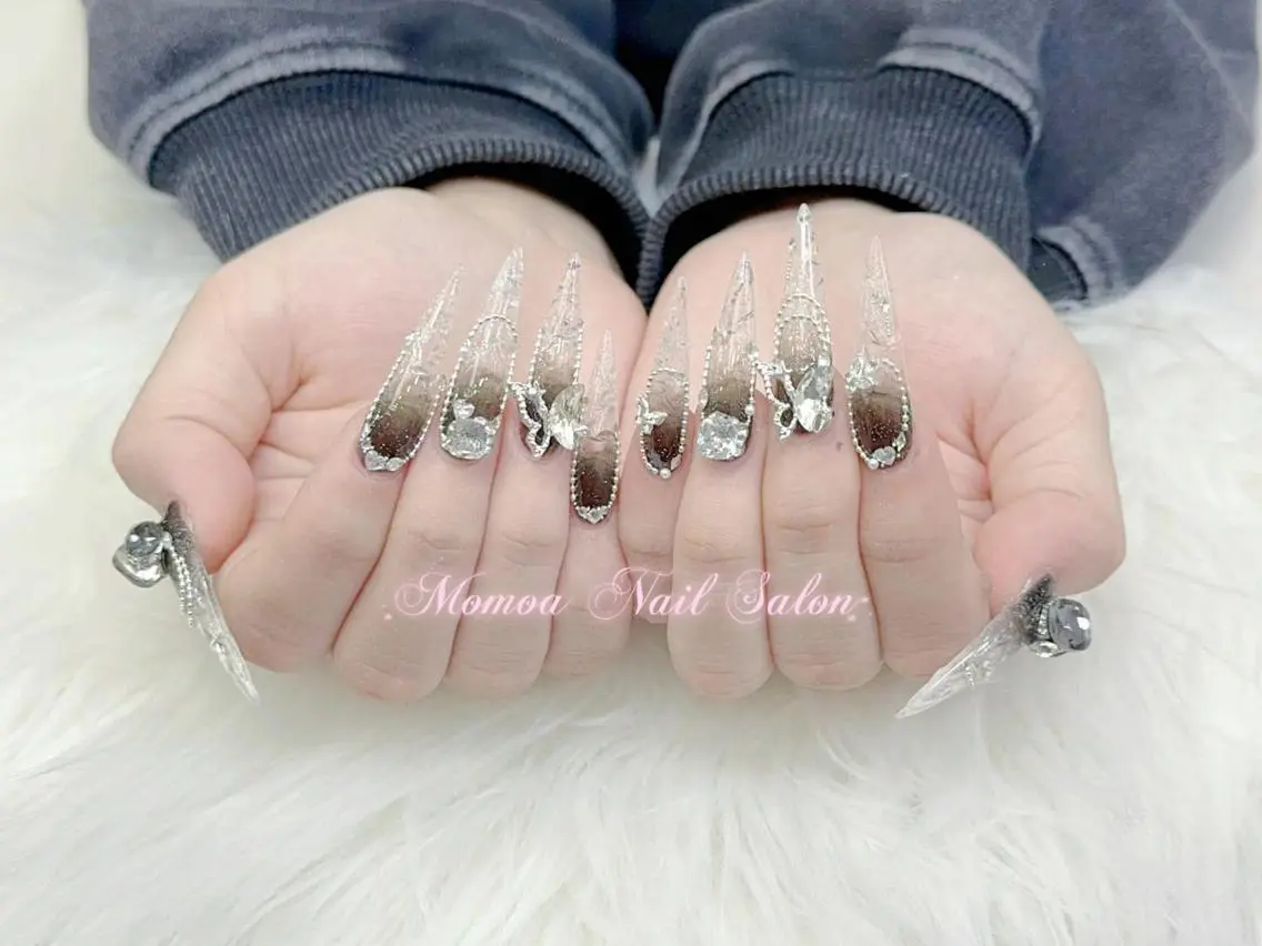 ネイル 成人式 大理石ネイル(マーブル) リボン 夏ネイル ネイルチップ ハンドネイル MoMoA Nail ネイル長さ出し専門店のネイルデザイン