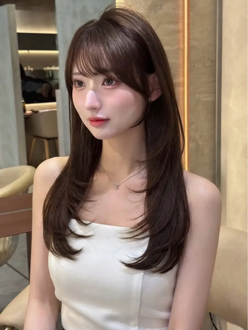 ロング くびれヘア 顔周りカット 韓国風ヘア レイヤーカット サイドバング カット ヘアカラー 韓国ヘア/レイヤー/ 前髪/髪質改善/石川のヘアスタイル