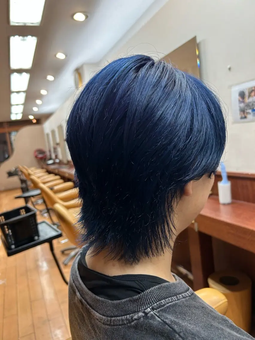 カラー メンズ ネイビーカラー ルキ🌈ブリーチカラ ー&メンズパーマ🦄のヘアスタイル