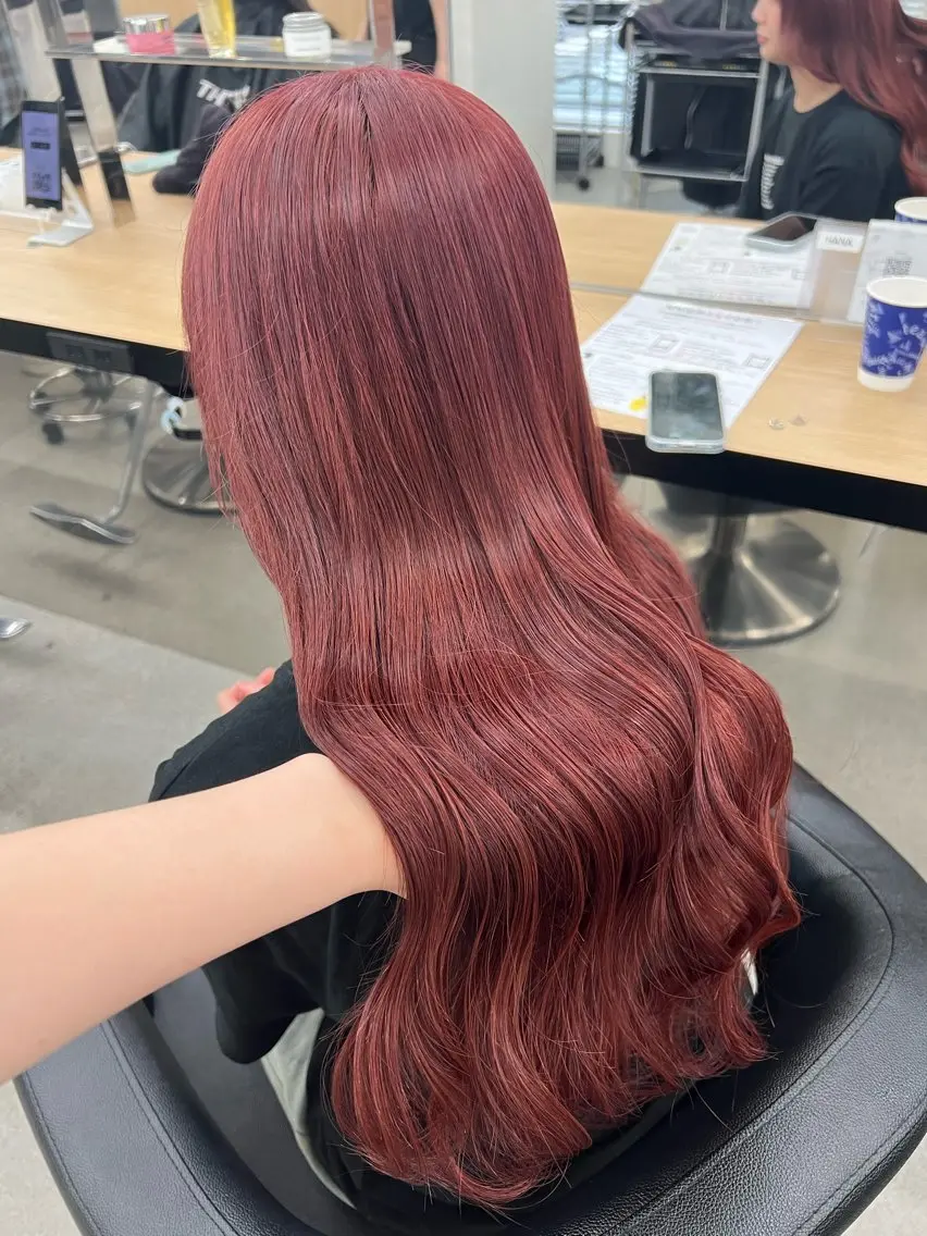 ロング カラー ケアカラー ロング トリートメント 💗愛され暖色💗 ピンク/レッド💗のヘアスタイル