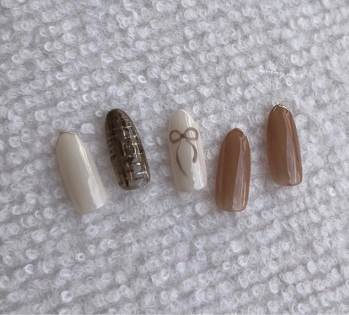 ネイル ジェルネイル パラジェル リボン ツイードネイル sunny nailのネイルデザイン