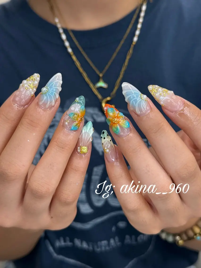 ネイル フットネイル 氷ネイル・うるうるネイル マットネイル ニュアンスネイル リボン ハンドネイル Akina Nailのネイルデザイン