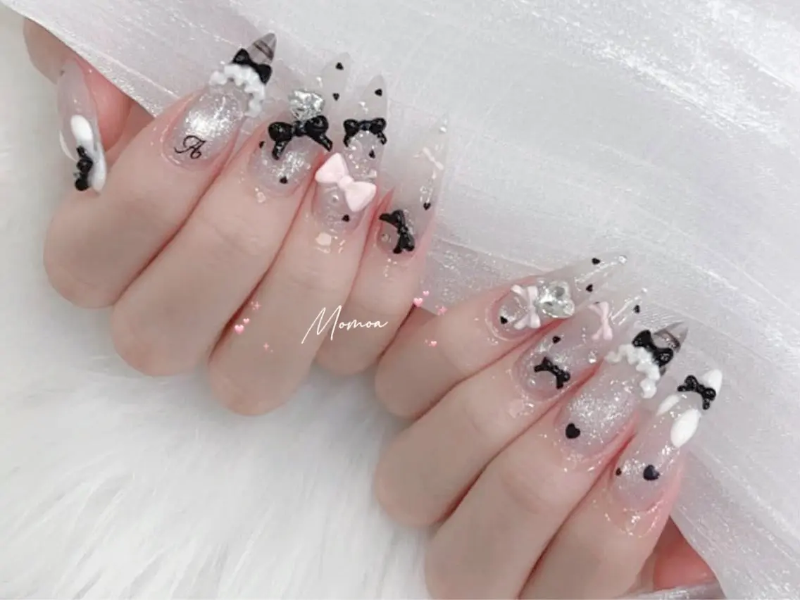 ネイル 成人式 大理石ネイル(マーブル) リボン ネイルチップ 冬ネイル ハンドネイル MoMoA Nail ネイル長さ出し専門店のネイルデザイン
