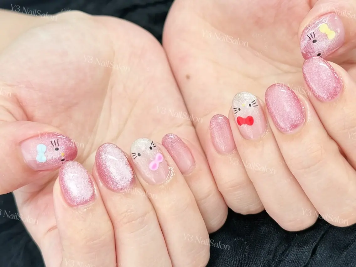 ネイル アートネイル マグネットネイル 持ち込み ピンク リボン ハンドネイル Y3 NailSalonのネイルデザイン