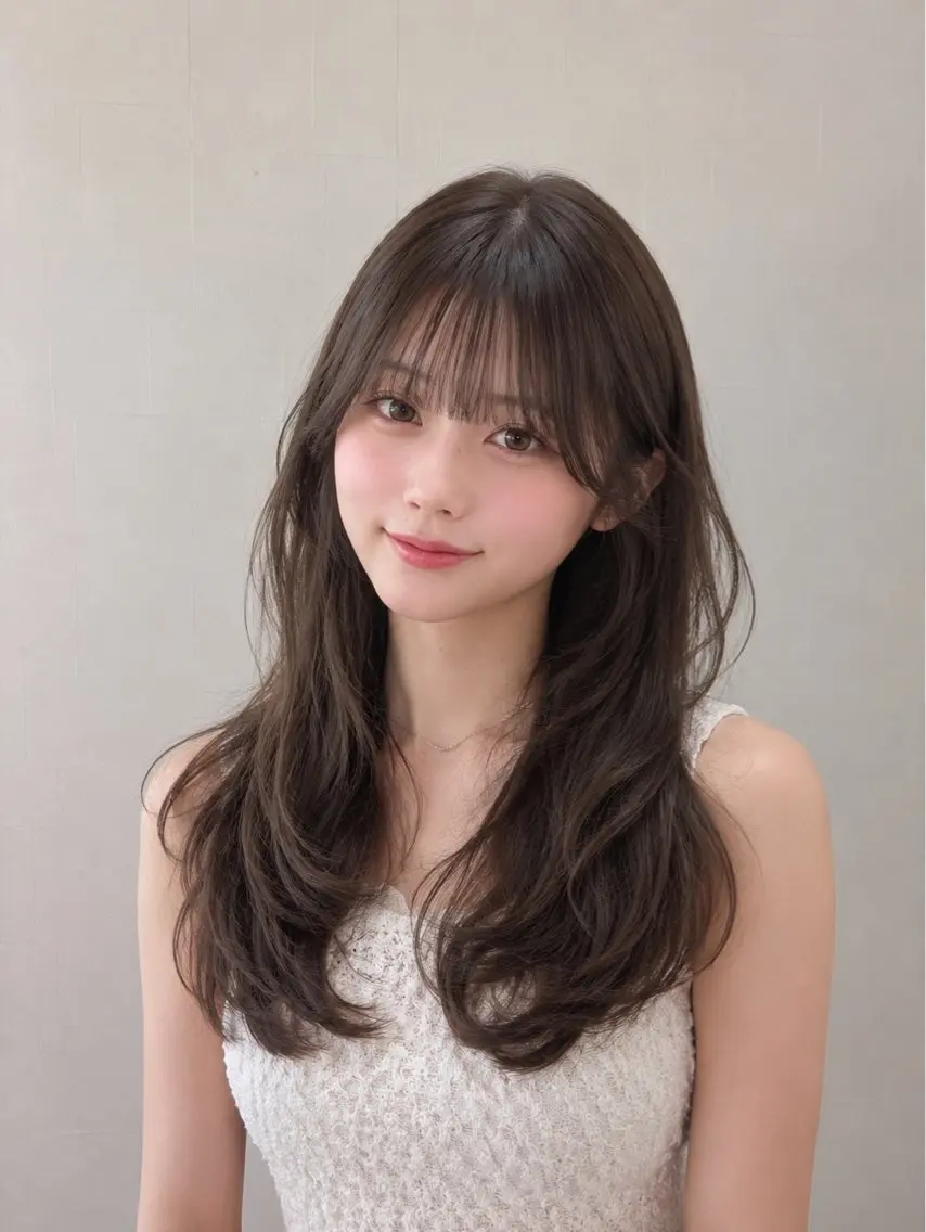 ロング チョコレートブラウン レイヤーカット ヘアカラー ハイトーン/韓国 YUKIのヘアスタイル