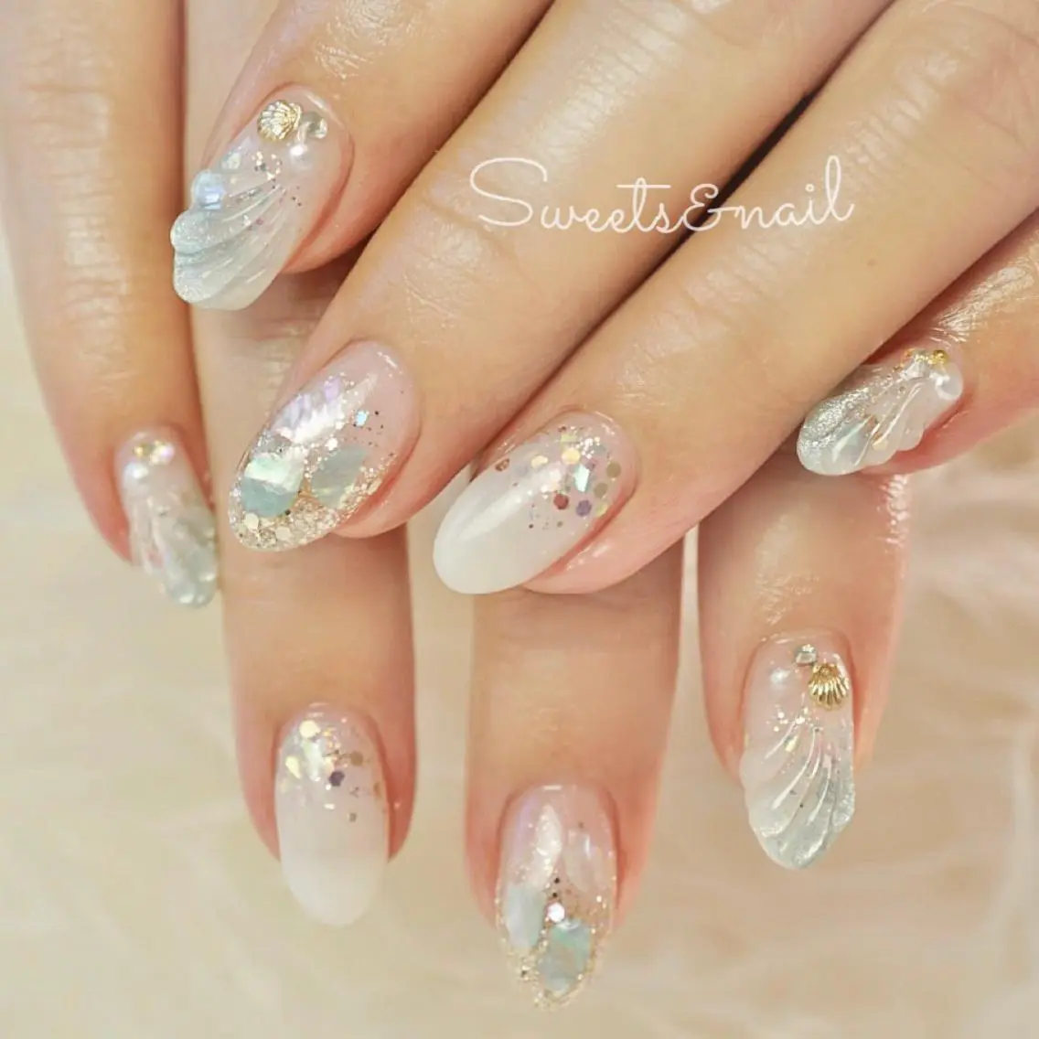ネイル オーロラネイル ブルー クリアネイル キラキラネイル 水色 Sweets& nail みなこのネイルデザイン
