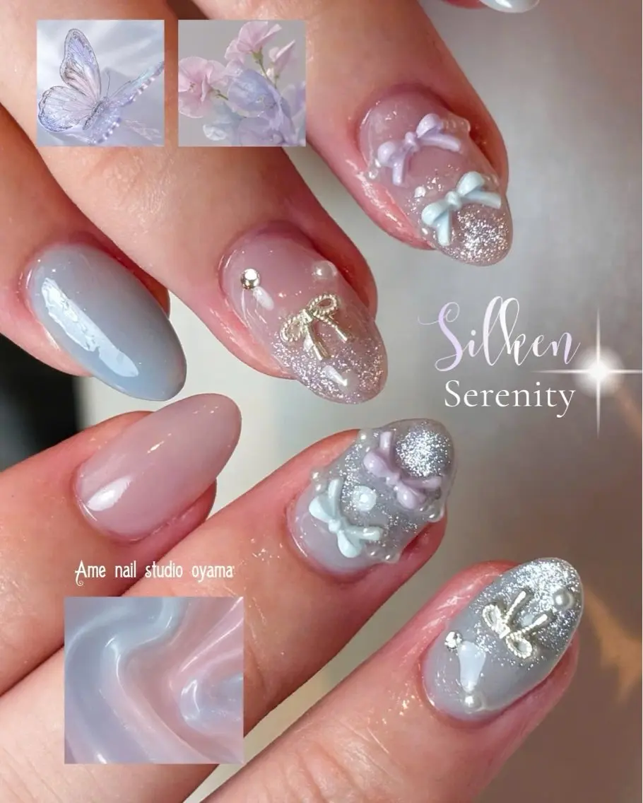ネイル パステルネイル リボン ハンドネイル ハンドケア AME NAIL STUDIO小山店のネイルデザイン