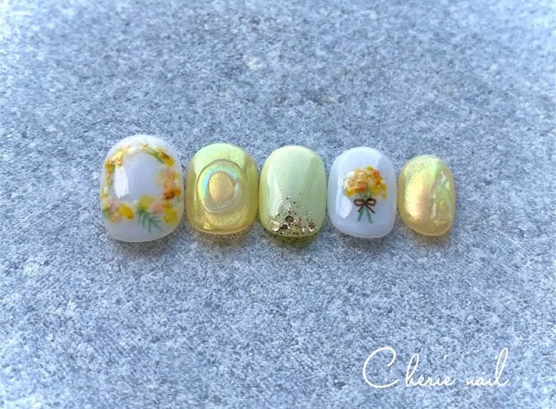 ネイル フラワーネイル ジェルネイル ぷっくりネイル ハンドネイル Cherienail yunaのネイルデザイン