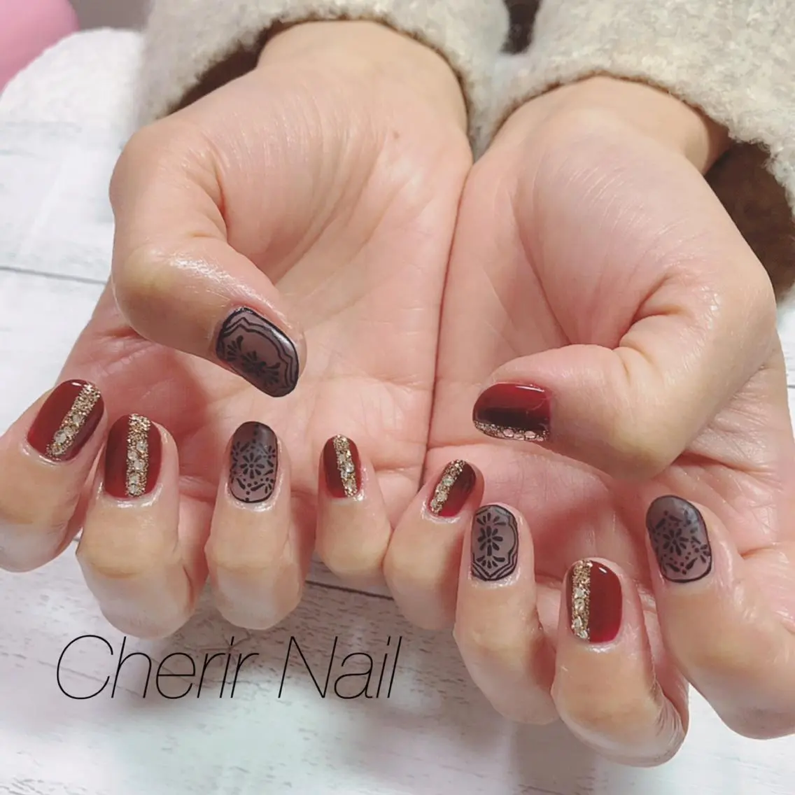 ネイル アートネイル ボルドー ラメ(グリッター) ブライダルネイル Cherirnail kaoriのネイルデザイン