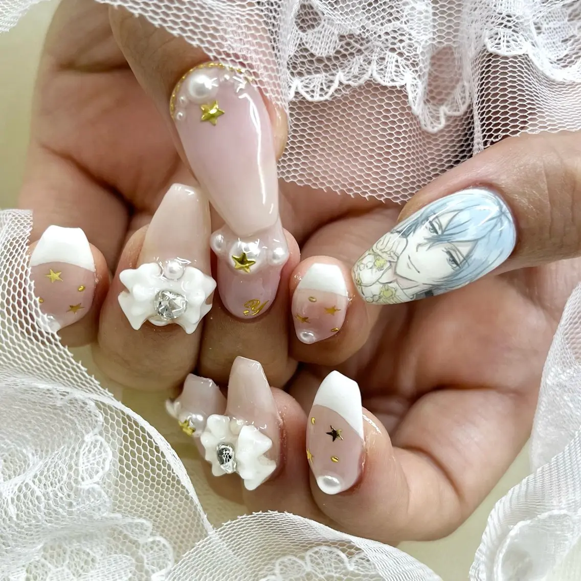 セミロング ネイル リボン ハンドネイル 池袋痛ネイル Nok. 渡辺のネイルデザイン