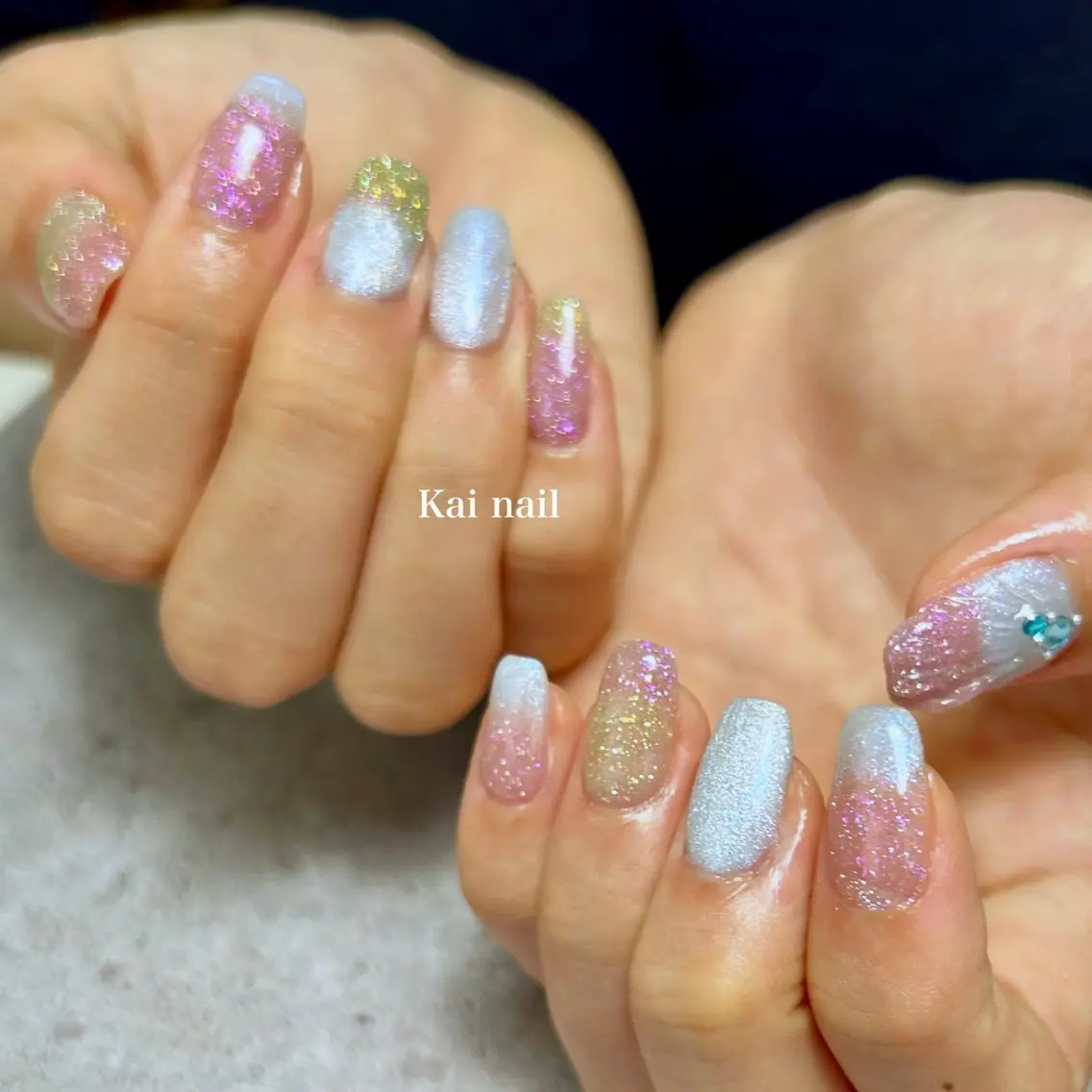 ネイル オーロラネイル チークネイル フラワーネイル ガーリー 韓国ネイル ハンドネイル Kai  nail Mayukoのネイルデザイン