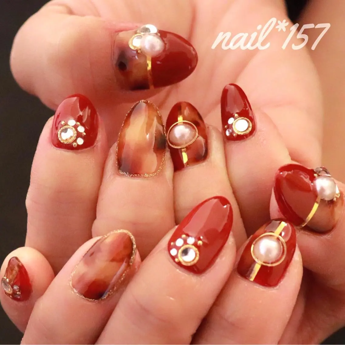 ネイル べっ甲ネイル 赤色 nail*157 .のネイルデザイン