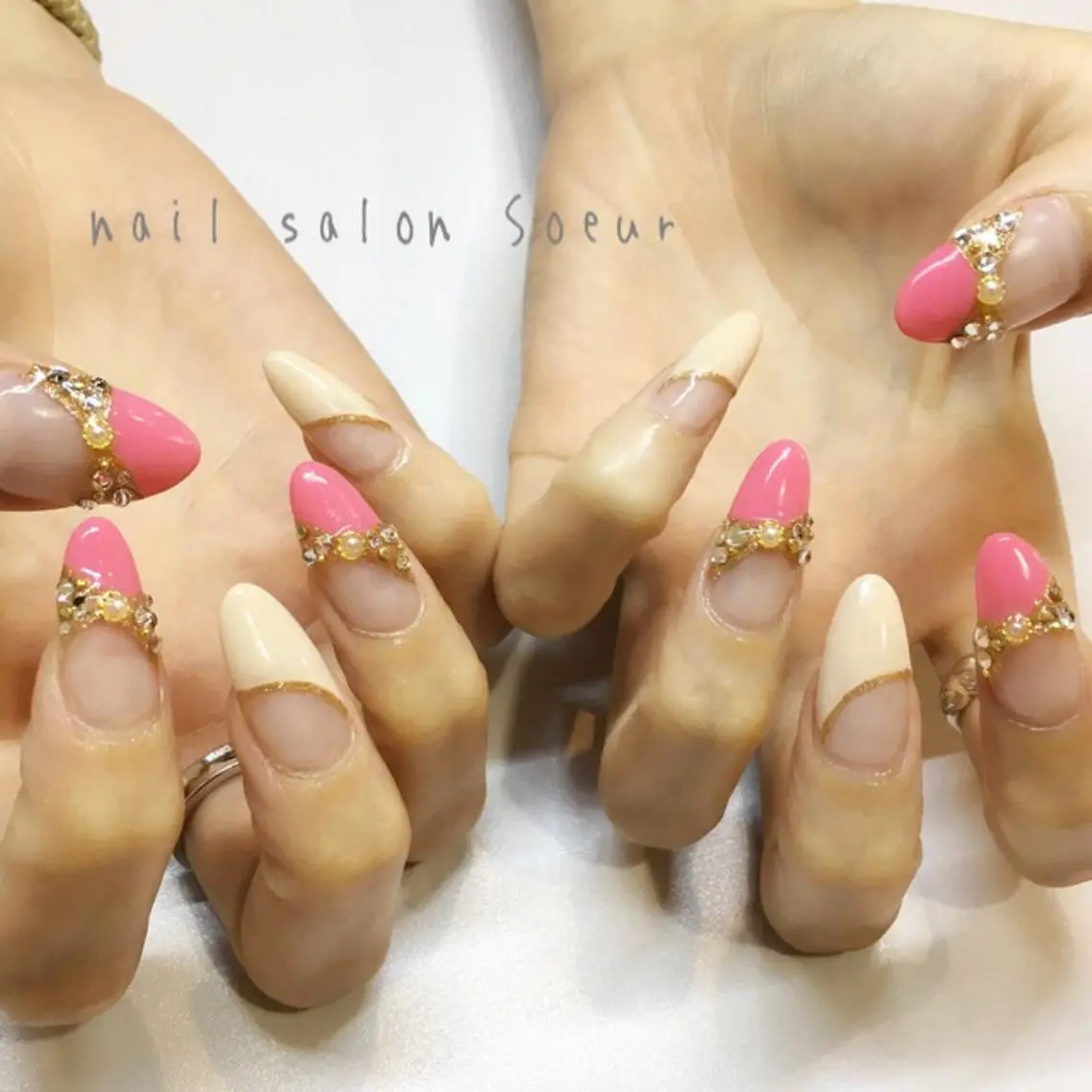 ネイル フレンチネイル 持ち込み ピンク リボン スカルプネイル ハンドネイル nail salon Soeurのネイルデザイン