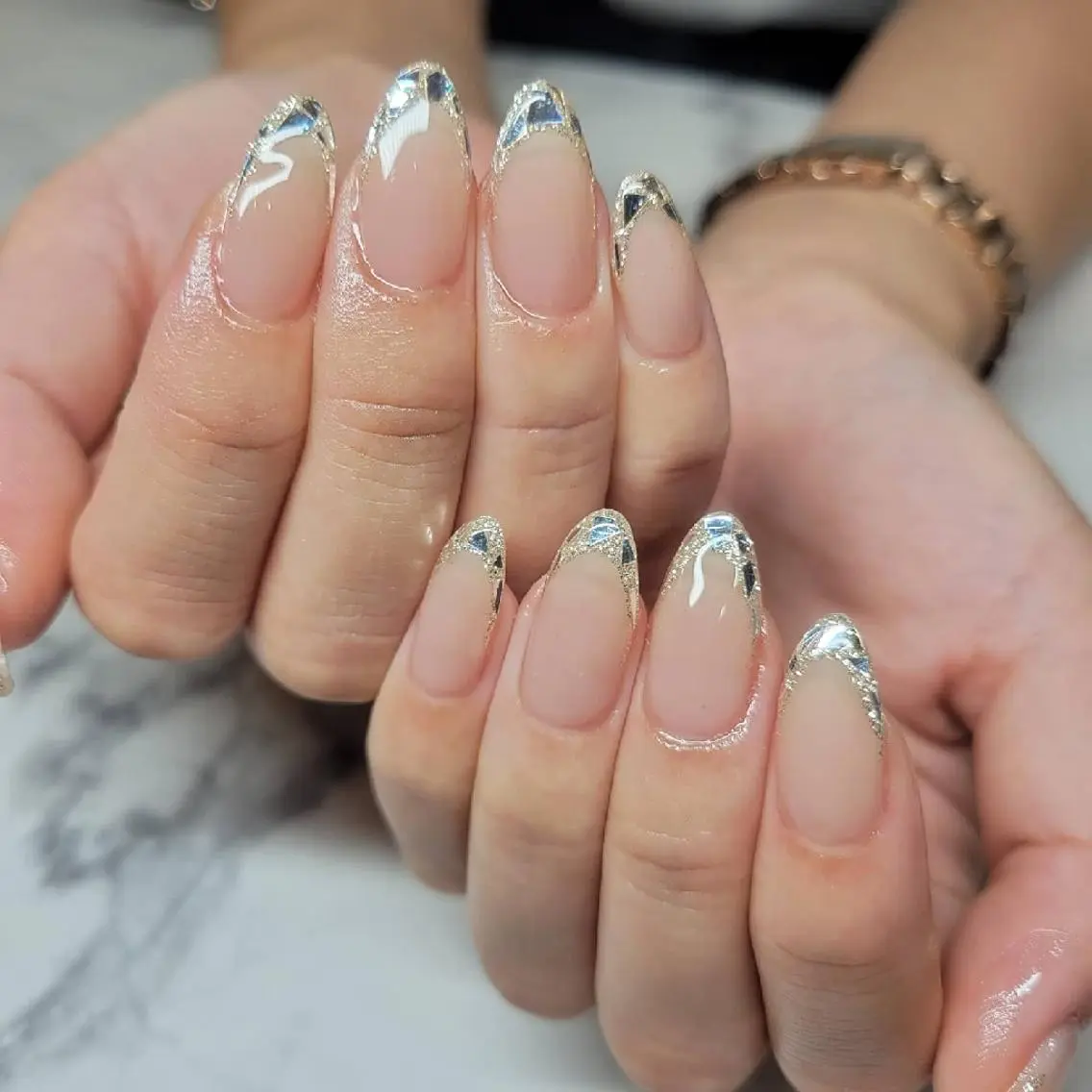 ネイル フレンチネイル ガラスフレンチ ラメ(グリッター) ハンドネイル Nail salon Coco【溝の口駅】のネイルデザイン