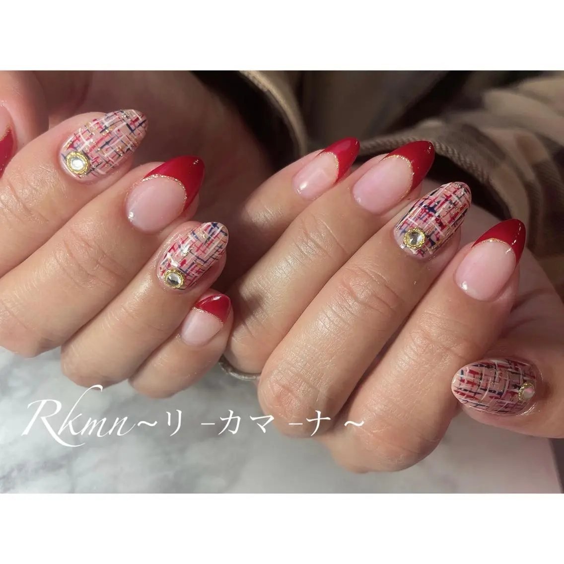 ネイル アートネイル ボルドー フレンチネイル 春ネイル ツイードネイル ハンドネイル フットネイル ハンドケア Rkmn ~リ-カマ-ナ~のネイルデザイン