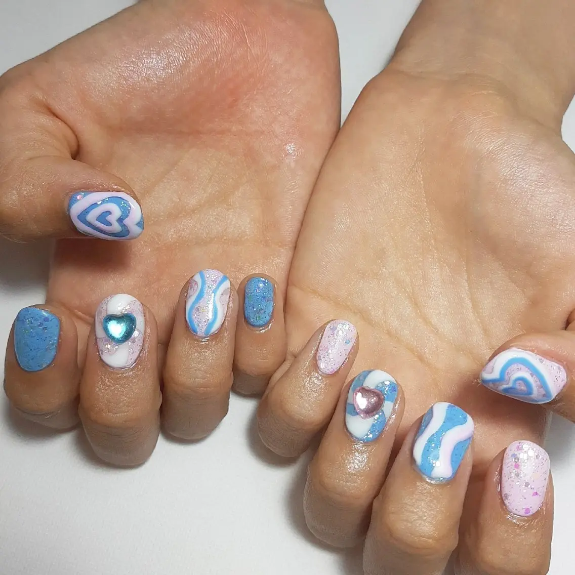 ネイル ブルー ジェルネイル 持ち込み ピンク ショートネイル owlnail /持込みデザイン専門のネイルデザイン