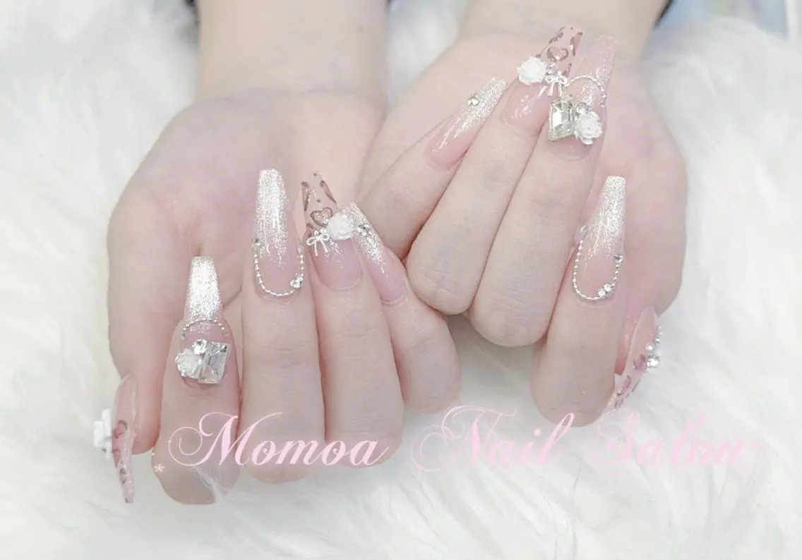 ネイル 成人式 大理石ネイル(マーブル) リボン 夏ネイル ネイルチップ ハンドネイル MoMoA Nail ネイル長さ出し専門店のネイルデザイン