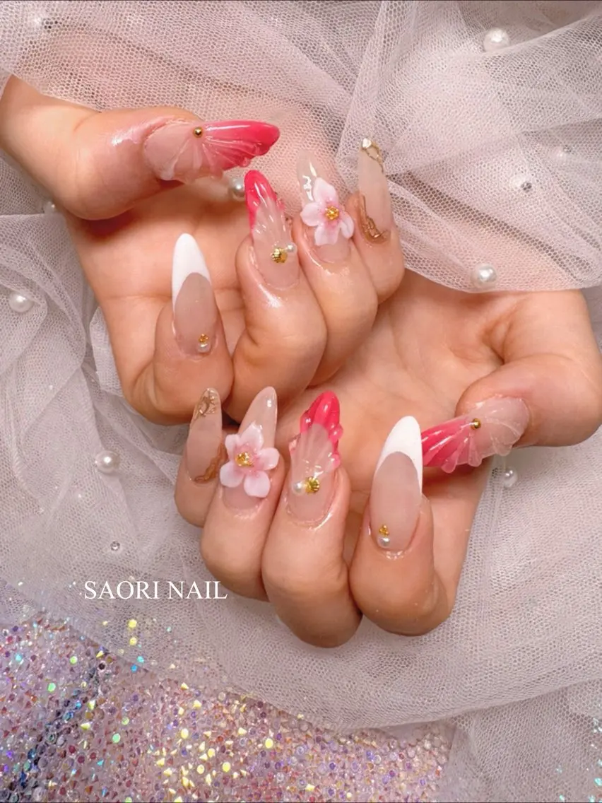 ネイル フラワーネイル フットネイル ジェルネイル 韓国ネイル マグネットネイル ハンドネイル SAORI NAIL /長さ出し専門店のネイルデザイン