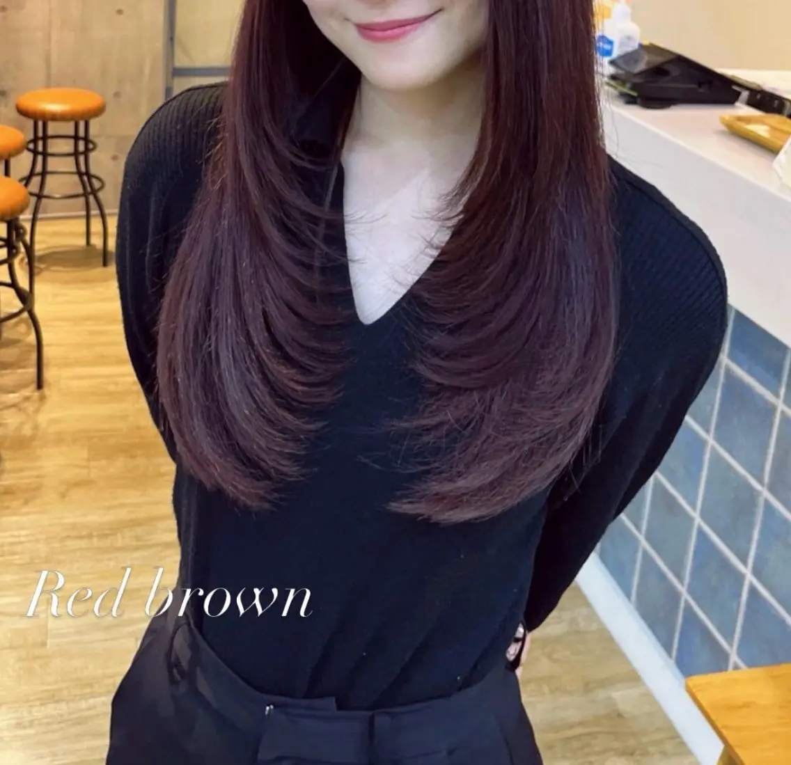 ロング カラー カシス レッドカラー レイヤーカット カット ヘアカラー トリートメント N°+aero 🤍ユメのヘアスタイル