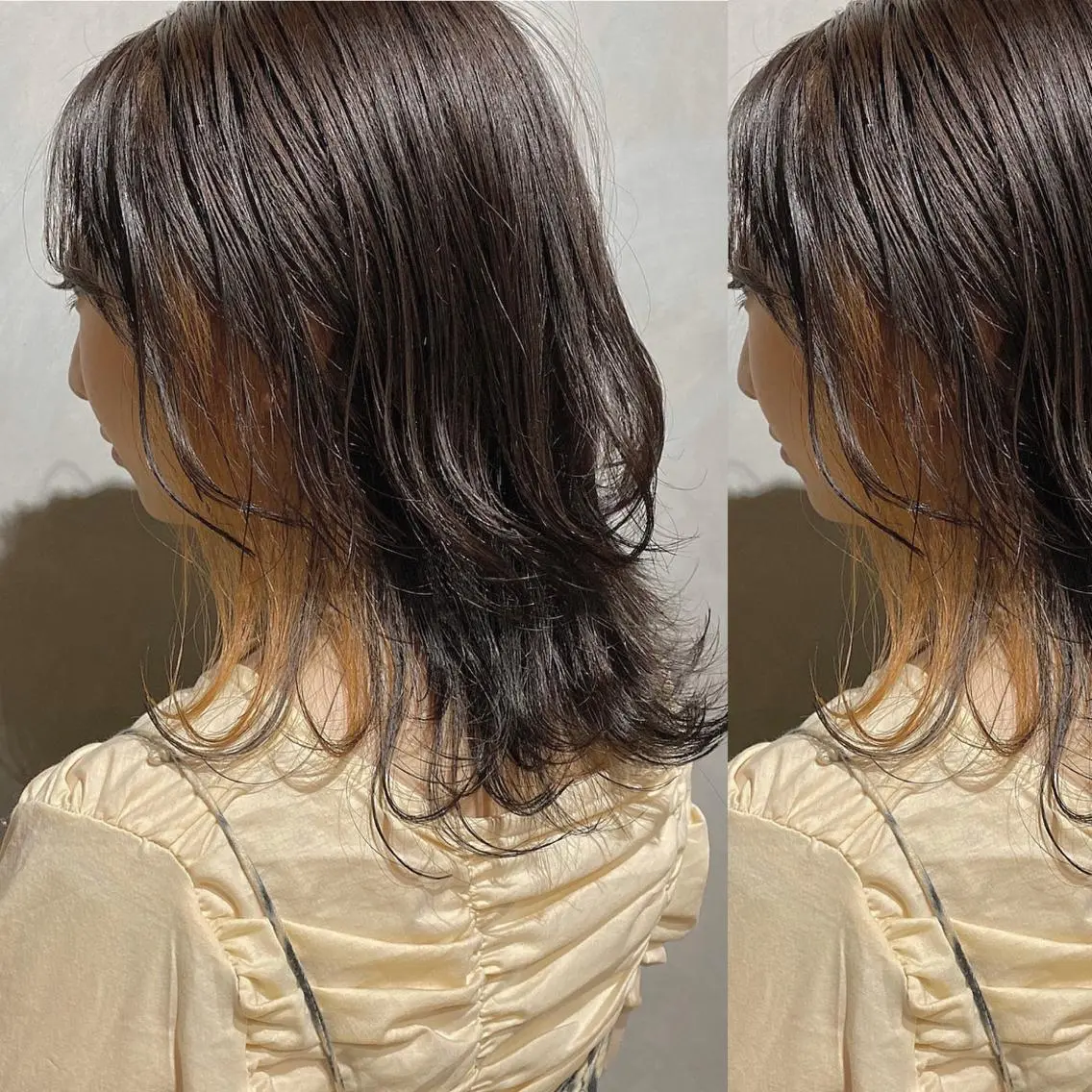 セミロング カラー ブリーチ デザインカラー インナーカラー オレンジ ウルフカット CLUTCH天王寺 西藤遥河のヘアスタイル