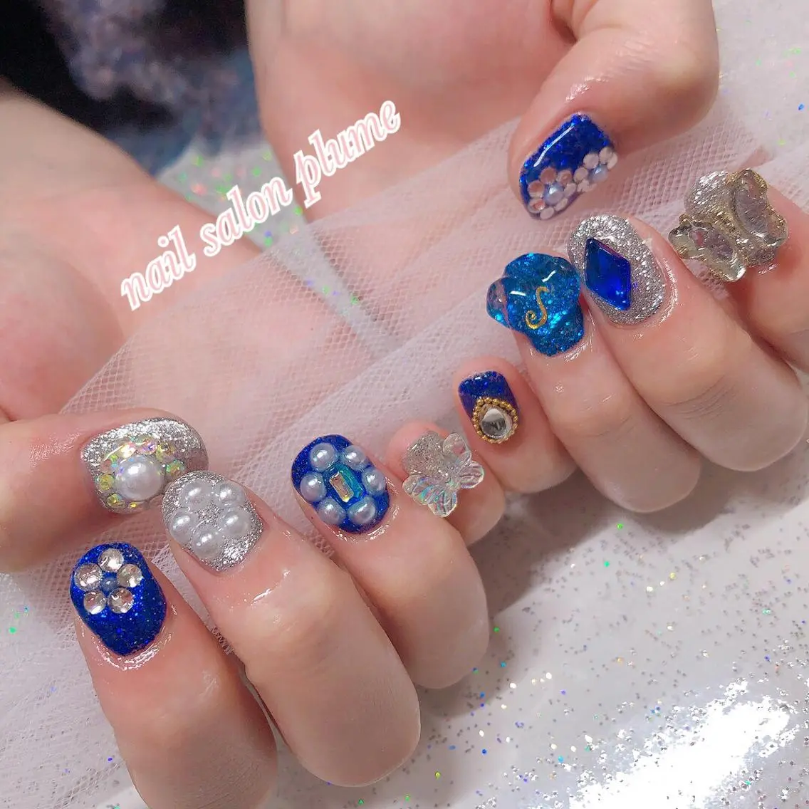 ネイル アートネイル ブルー ガーリー ハート 韓国ネイル ハンドネイル plume nail ☆韓国ネイルのネイルデザイン