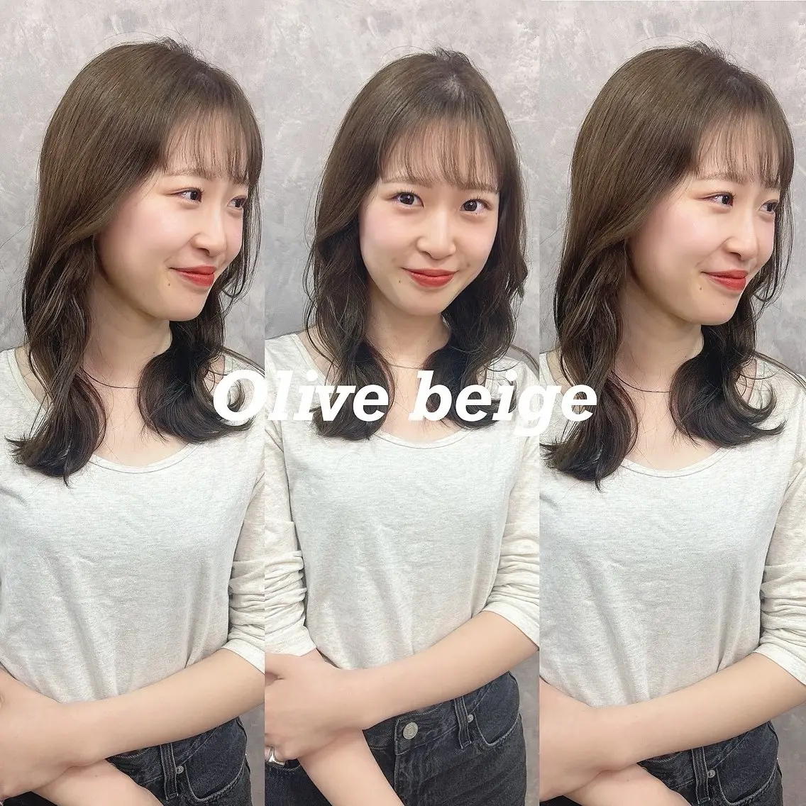 セミロング カラー 韓国🇰🇷レイヤー カットオリーブカラーのヘアスタイル
