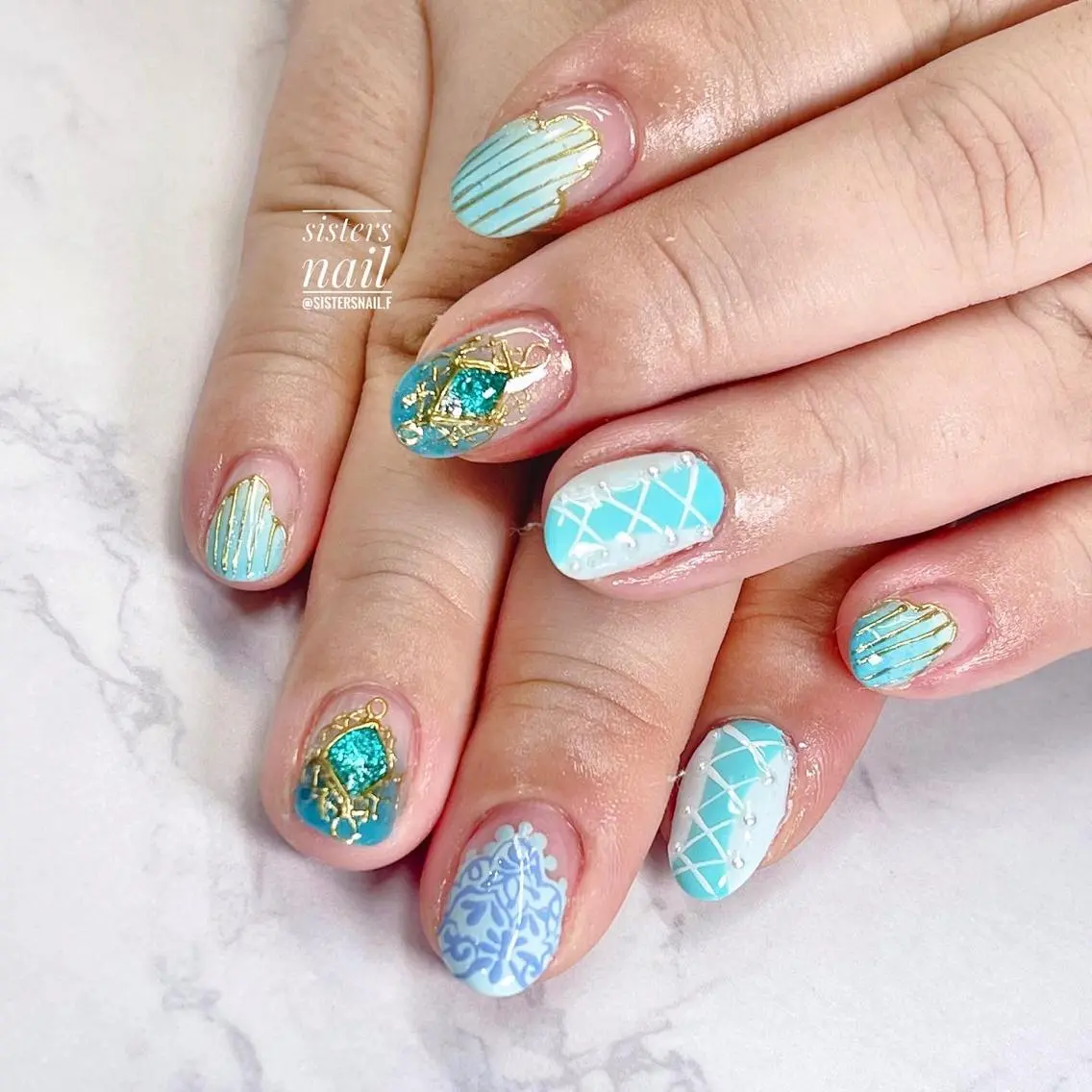 ネイル アートネイル ブルー 夏ネイル sisters nail.fのネイルデザイン